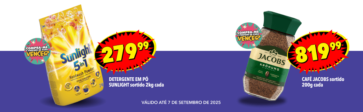 DETERGENTE EM PÓ SUNLIGHT SORTIDO 2kg CADA, 279,99; CAFÉ JACOBS SORTIDO 200g CADA, 819,99